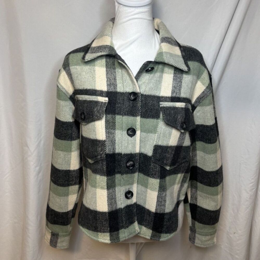 Joie Plaid Wool Flannel Shirt Jacket Comfy Womens Button Up Green Cream Black